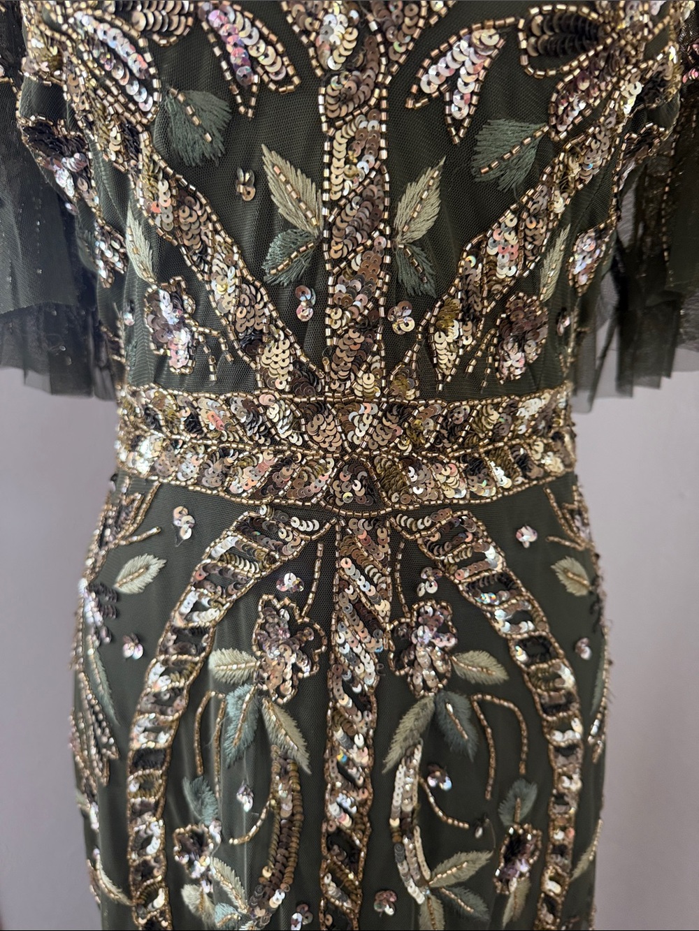 Adrianna Papell Olive Green Maxi Gown with Gold Beading - sold out - Picture 4 of 16